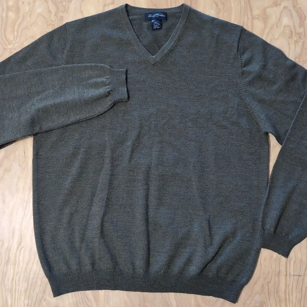 Brooks Brothers Stretch Green Extra Fine‎ Merino Wool Nylon V-Neck Sweater Men L